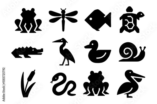 Stylized black silhouettes of diverse animals from wetland habitats