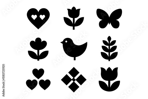 Black silhouette icons of nature featuring flowers, birds, and hearts