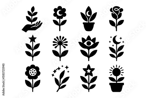 Floral silhouette icons: celestial nature themes for design inspiration