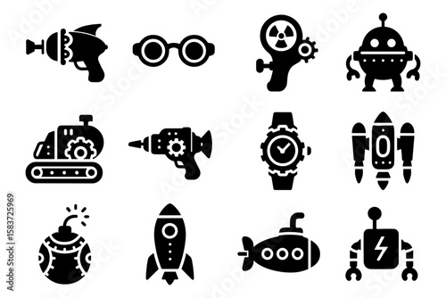 Retro futuristic sci-fi icons in silhouette style featuring gadgets and robots