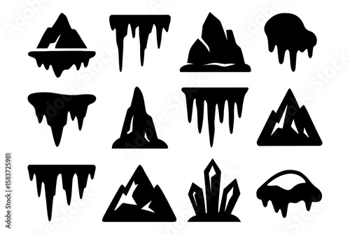 Set of geometric mountain and ice icons in bold silhouette design
