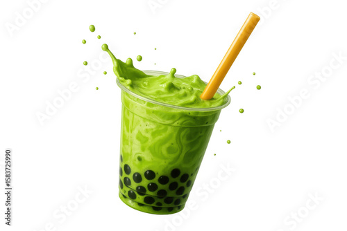 Matcha boba tea with tapioca pearls, splashing isolated on transparent background
