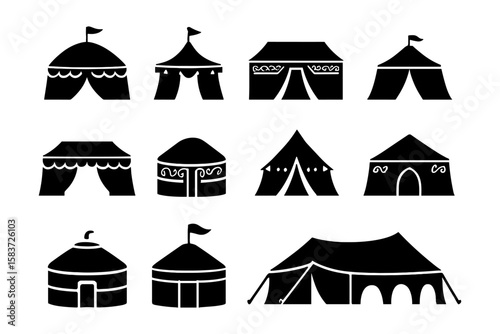 Collection of tent silhouettes: festival, camping, and event tents in various designs