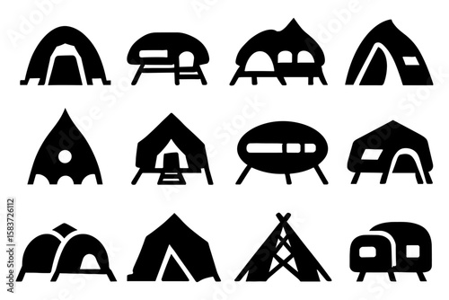 Silhouette collection of unique tent shapes for camping and outdoor adventures