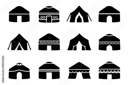 Silhouette set of traditional tents and yurts in various styles