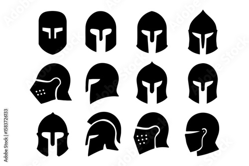 Silhouette icons of ancient warrior helmets in bold style