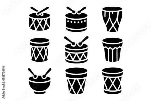 Silhouette percussion instruments set: collection of drum icons in bold black on white