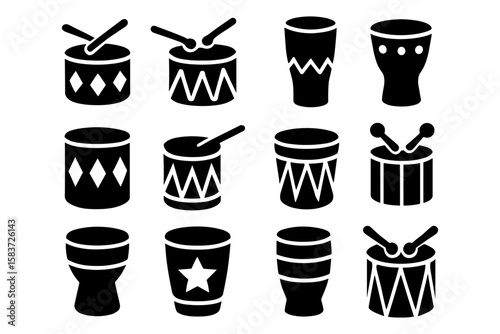 Silhouette collection of various drum icons for music projects