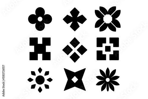Geometric floral set: black abstract symbol collection for patterns and design