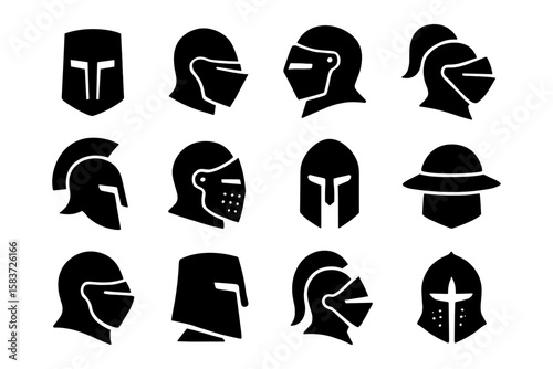 Historical helmet silhouettes: iconic warrior headgear in black and white