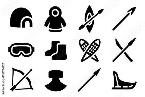 Silhouette icons of inuit tools and activities including kayak, snowshoes, and igloo
