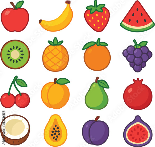 Vector  Fruits Color icon set- Red apple banana strawberry watermelon kiwi pineapple orange grapes