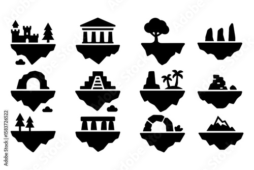 Floating island silhouettes: ancient ruins and nature elements