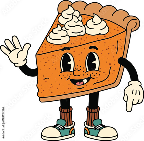A happy cartoon pumpkin pie slice character waving hello