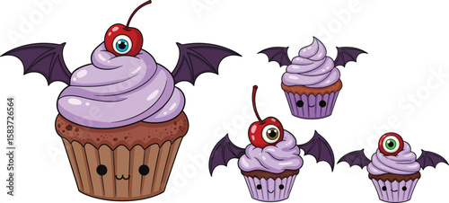 Cute halloween cupcakes with bat wings and eyeball cherry