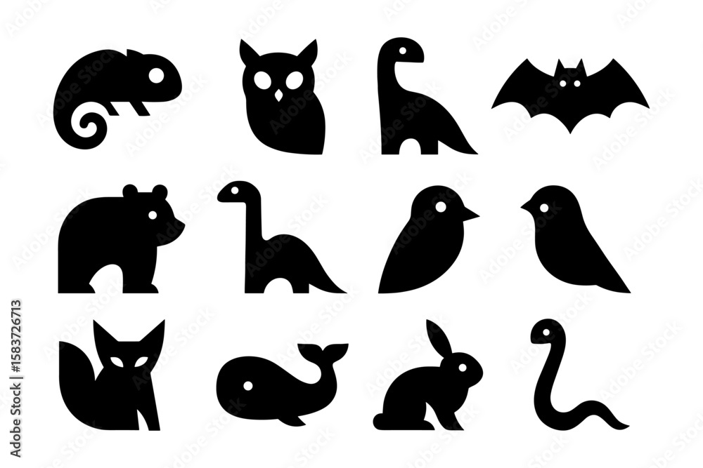 Simple animal silhouettes collection: reptiles, birds, and mammals
