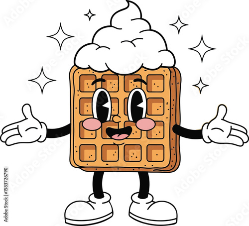 Joyful vintage cartoon waffle character with whipped cream and sparkles