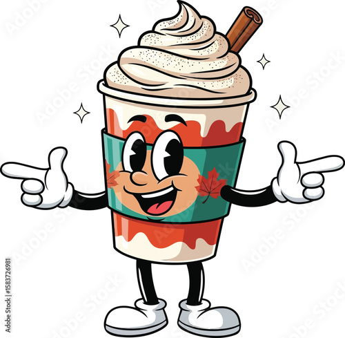 A happy pumpkin spice latte character pointing with both hands