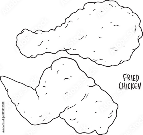 Hand-drawn vector illustration set of delicious fried chicken pieces including drumsticks, wings, and nuggets. Perfect for fast food menus, restaurant branding, or any food-related design.