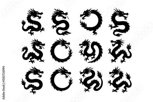 Silhouette dragon set with diverse poses and circular patterns