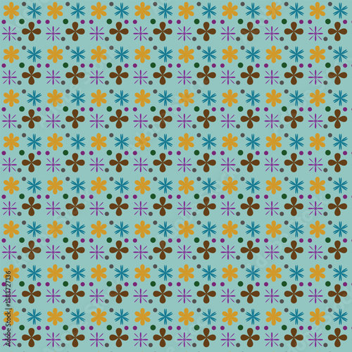 Seamless floral pattern with colorful abstract flowers on a light blue background. Perfect for fabric, gift wrap, kids' products, and digital decor.