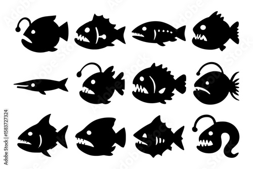 Silhouette sea creatures: anglerfish and predatory fish collection