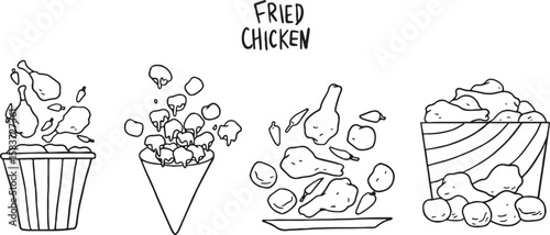 Hand-drawn vector illustration set of delicious fried chicken pieces including drumsticks, wings, and nuggets. Perfect for fast food menus, restaurant branding, or any food-related design.