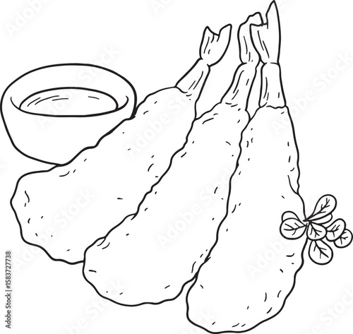 Hand-drawn vector illustration set of crispy fried tempura shrimp, some served with dipping sauce and garnish. Perfect for Japanese restaurant menus, Asian food blogs, or culinary designs.
