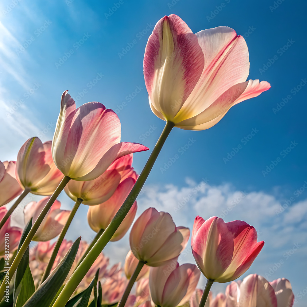 Fototapeta premium Beautiful Closeup of Tulips Against Bright Blue Sky, Vibrant Pink Tulips Blooming Under Clear Blue Sky, Close-up of Colorful Tulip Flowers with Bright Blue Sky Background