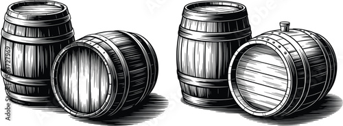 Vintage Wooden Barrel Sketch, Hand Drawn Rustic Storage Illustration.

