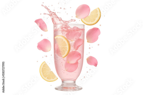 Refreshing pink lemonade with lemon and rose petals, transparent background