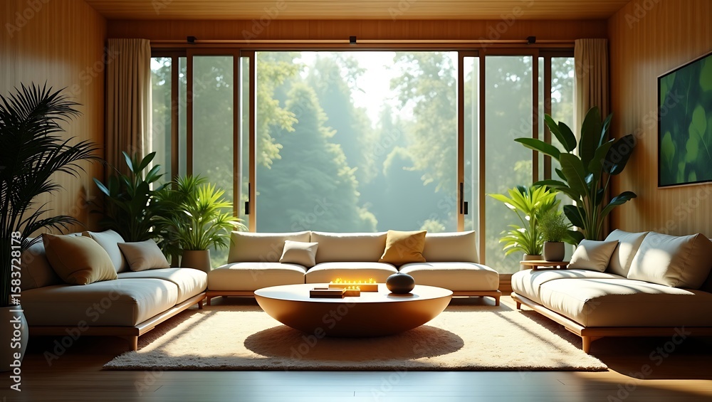 Fototapeta premium Eco-friendly living room with natural light and indoor plants