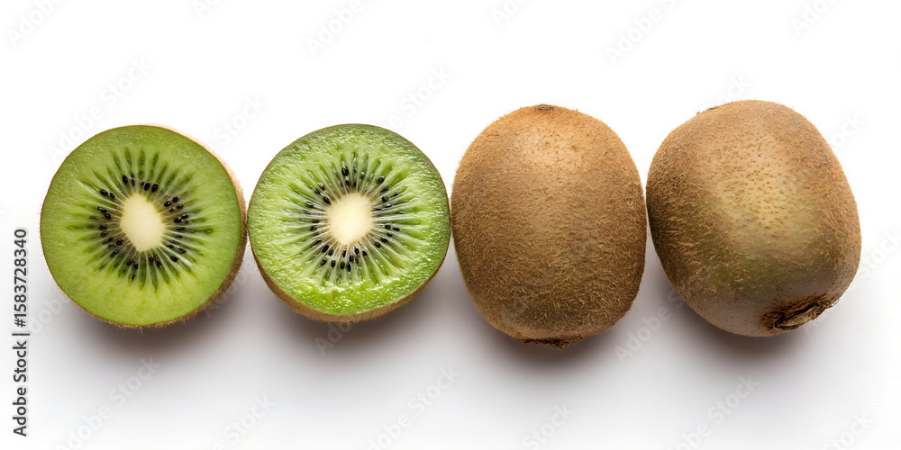 Obraz premium Fresh Kiwi Fruits Whole and Halved on White Background