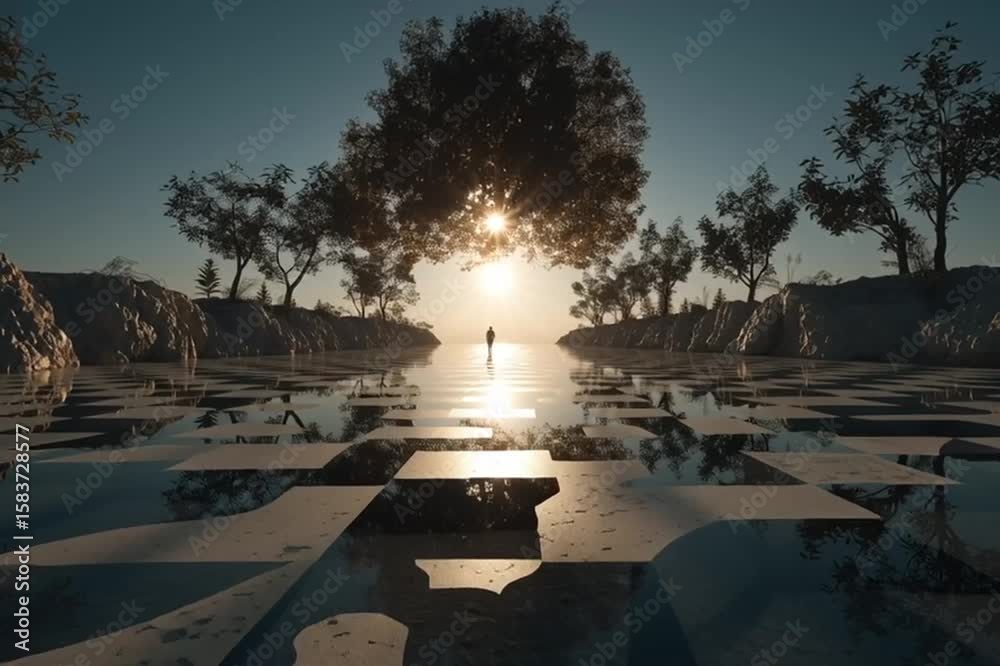 Person walking towards the sunset over a reflective abstract geometri bi-chromatic floor with some water puddles surrounded by trees and rocky formations. Beautiful scenic landscape.