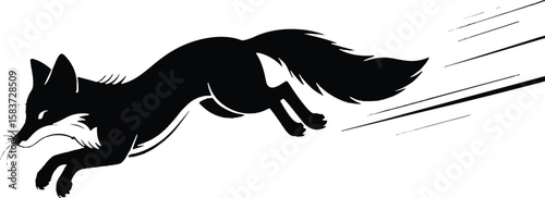 Dynamic Black and White Silhouette of a Fox Leaping; Powerful, Elegant Design.