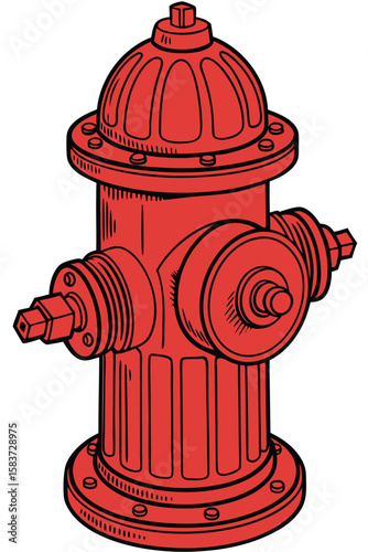 A digital illustration of a classic fire hydrant. It's predominantly red with black outlines, highlighting its various components like the cap, nozzles, and bolted base. The style is clean and graphic