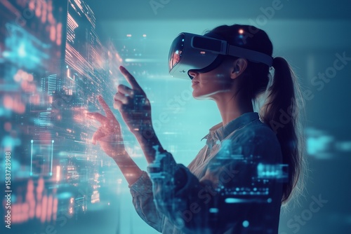 Woman wearing XR VR glasses surrounded by digital tech elements