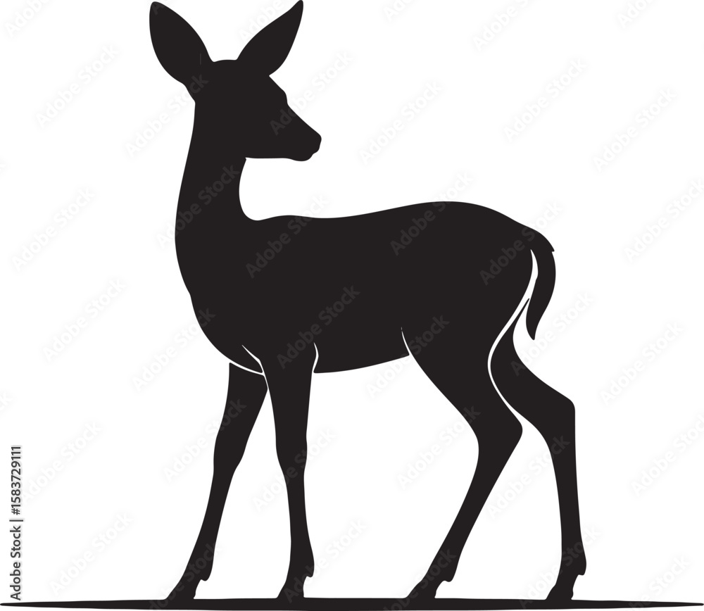 Obraz premium Elegant Black Silhouette of a Fawn Doe, Side Profile, Serene Forest Mood, Wildlife Vector Graphic