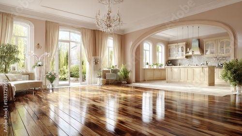 A spacious, light-filled interior with polished wooden floors.