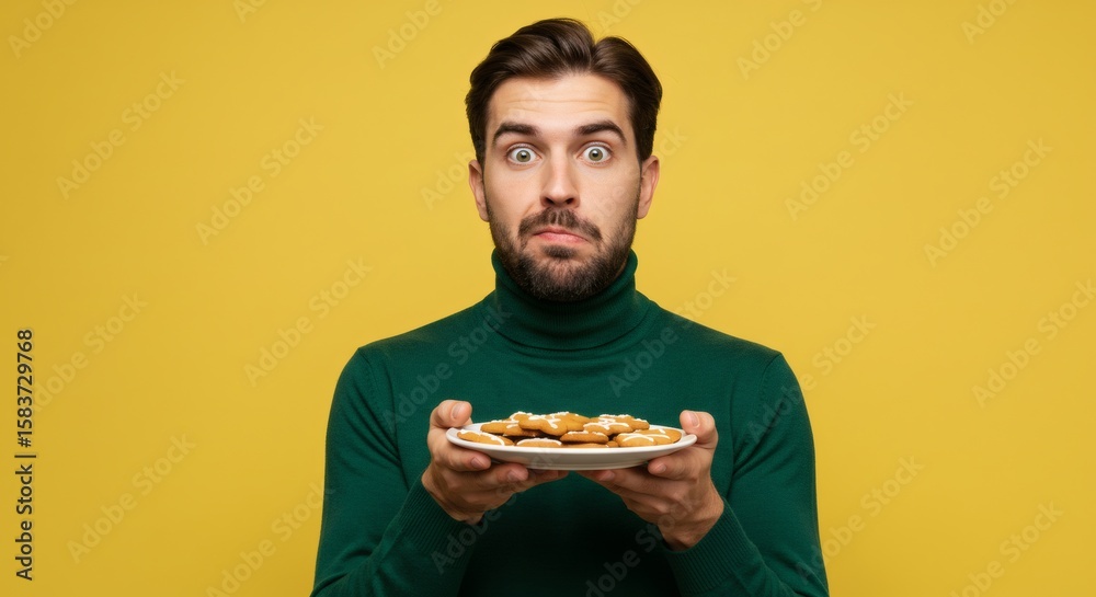 Surprised man holding a plate of delicious gingerbread cookies on a yellow background. Surprised man holding a plate of delicious gingerbread cookies on a yellow background.