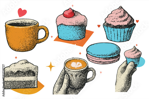 Trendy Halftone Vector Illustrations collage elements, cutout of Mugs, Donuts, Cupcakes, and Cake with Halftone Texture and Cutout Style, Modern retro vector illustration for mixed media.