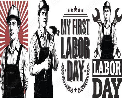 Celebrate labor with this vintage style graphic, showcasing construction workers and slogans, perfect for crafts, banners, and labor day designs.