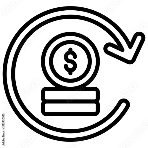 Auto Payment Outline Icon Vector Design - Coin with circular arrow indicates automated payments, recurring transactions, or money cycle