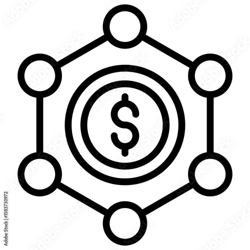 Decentralized Finance Outline Icon Vector Design - Coin inside hexagonal network illustrates decentralized finance or blockchain financial systems