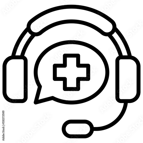 Medical Support Outline Icon Vector Design - Headset with cross, representing medical customer support, health call center, or helpline