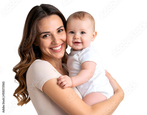 A smiling mother holds a baby in her arms, radiating warmth and joy on a transparent background.