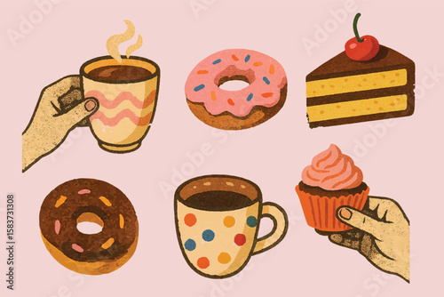 Trendy halftone style Coffee and Dessert Vector cutout Clipart Cupcakes, Donut, Coffee Cups, and Cherry Cake on Gray Background, Food Illustration for Café and Bakery Designs and for mixed media.