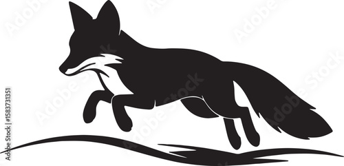 Sleek Black Fox Silhouette Leaping Gracefully Across Minimalist Landscape: Vector Illustration