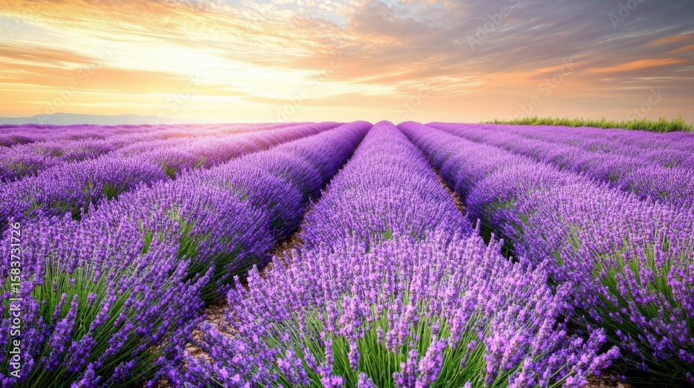 Obraz premium Lavender fields at sunset with vibrant purple flowers and distant mountains