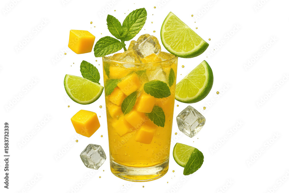 Fototapeta premium Mango Mojito with Lime and Mint isolated on a transparent background, cool drink